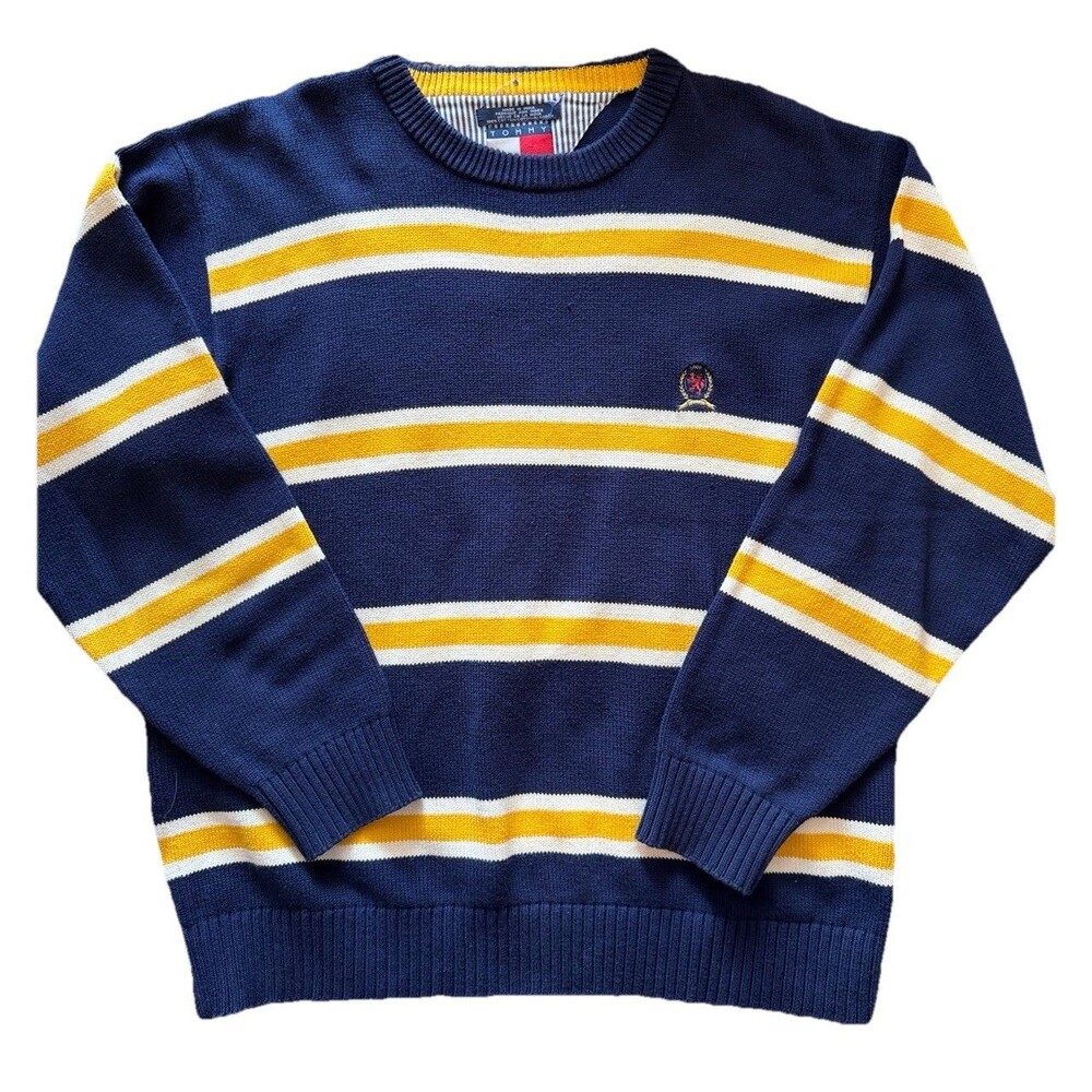 VTG Blue Tommy Hilfiger Sweater Men L Striped Crest Crew Neck Preppy 90s Grandpa